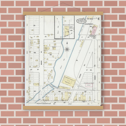 Old map wall art mockup — magnetic wood frame on brick wall — Sanborn Fire Insurance Map from Superior, Douglas County, Wisconsin (1887), Sheet #0004