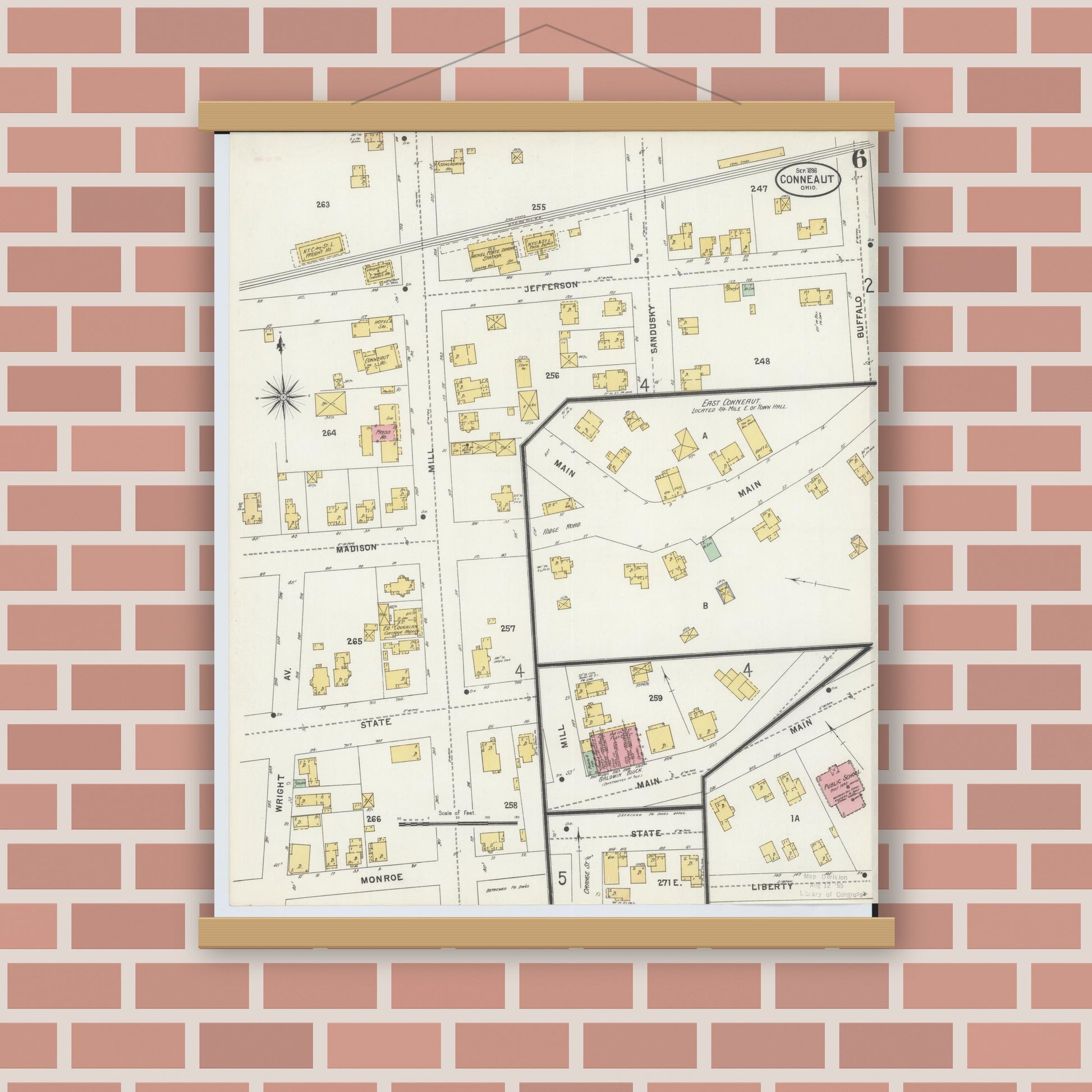 Old map wall art mockup — magnetic wood frame on brick wall — Sanborn Fire Insurance Map from Conneaut, Ashtabula County, Ohio (1898), Sheet #0006
