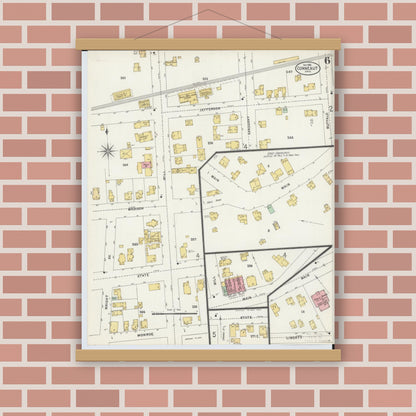 Old map wall art mockup — magnetic wood frame on brick wall — Sanborn Fire Insurance Map from Conneaut, Ashtabula County, Ohio (1898), Sheet #0006