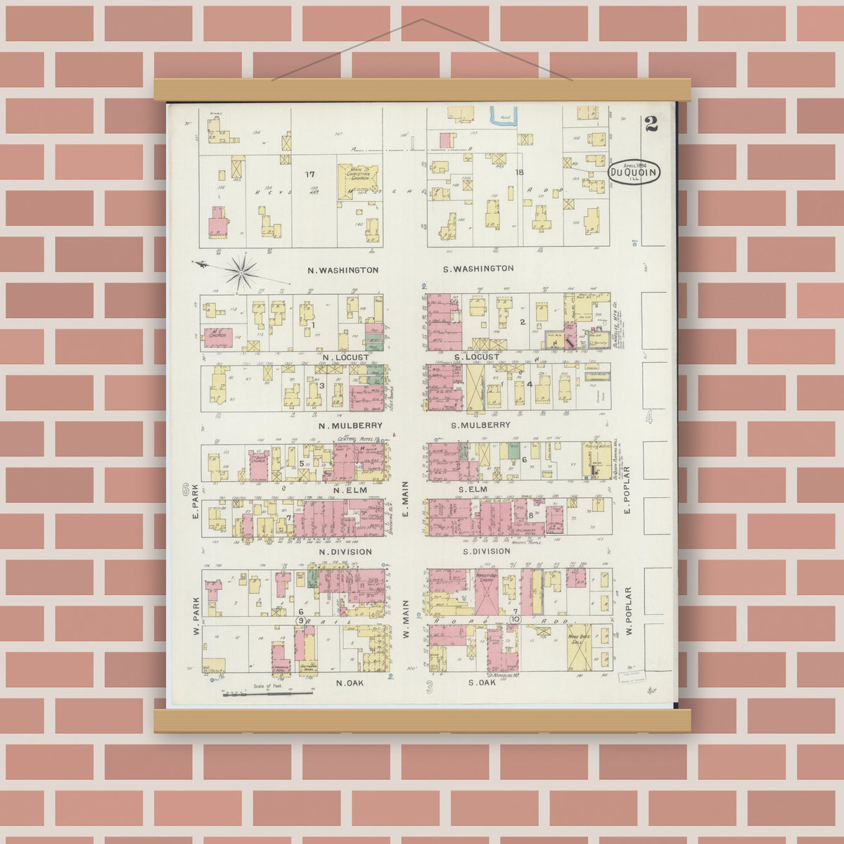 Old map wall art mockup — magnetic wood frame on brick wall — Sanborn Fire Insurance Map from Du Quoin, Perry County, Illinois (1894), Sheet #0002