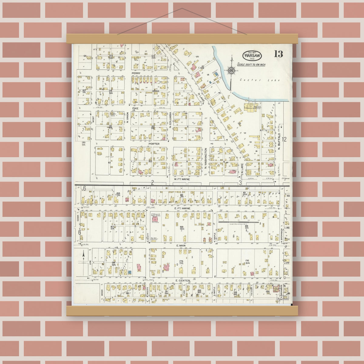 Old map wall art mockup — magnetic wood frame on brick wall — Sanborn Fire Insurance Map from Warsaw, Kosciusko County, Indiana (1917), Sheet #0013