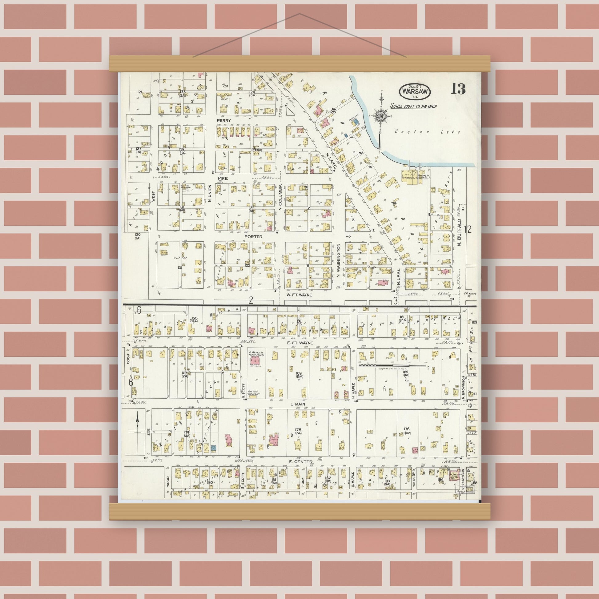 Old map wall art mockup — magnetic wood frame on brick wall — Sanborn Fire Insurance Map from Warsaw, Kosciusko County, Indiana (1917), Sheet #0013