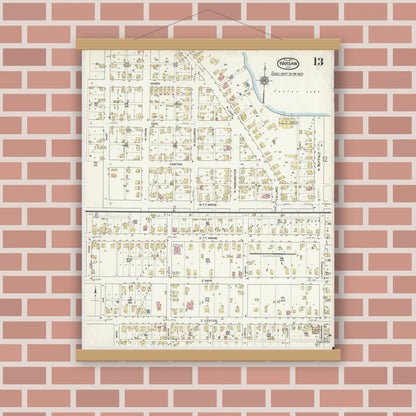 Old map wall art mockup — magnetic wood frame on brick wall — Sanborn Fire Insurance Map from Warsaw, Kosciusko County, Indiana (1917), Sheet #0013