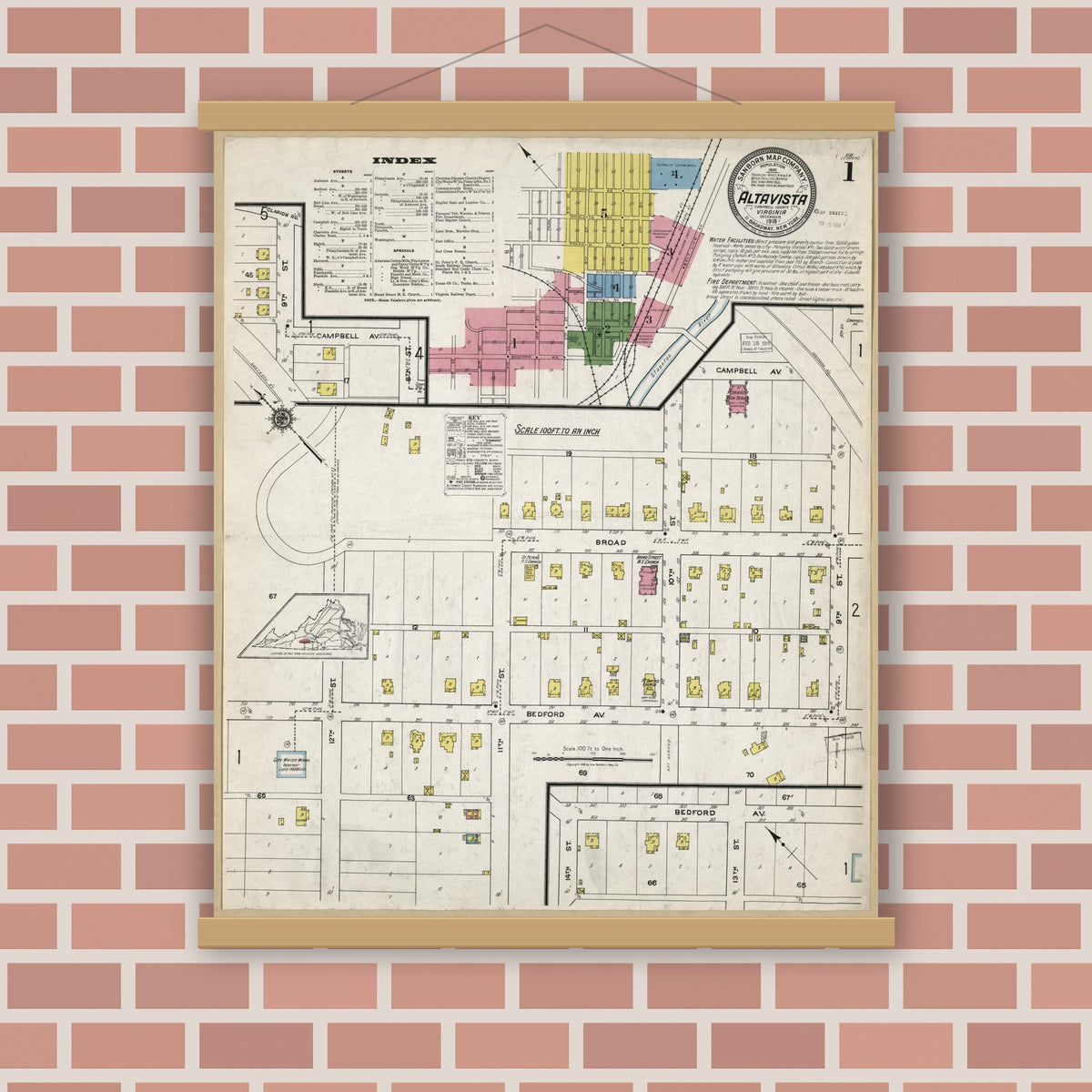 Old map wall art mockup — magnetic wood frame on brick wall — Sanborn Fire Insurance Map from Altavista, Campbell County, Virginia (1918), Sheet #0001