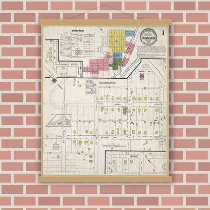 Old map wall art mockup — magnetic wood frame on brick wall — Sanborn Fire Insurance Map from Altavista, Campbell County, Virginia (1918), Sheet #0001