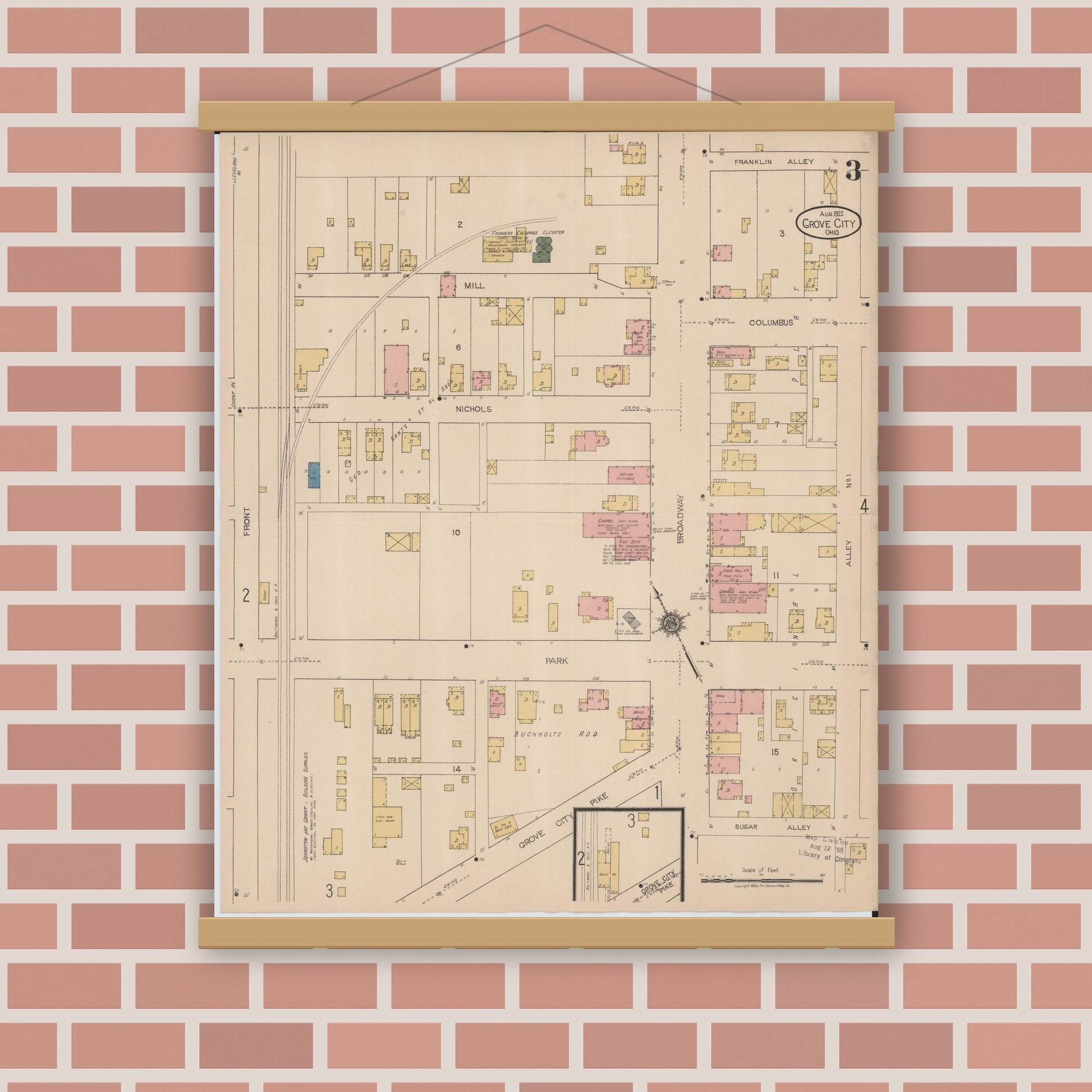 Old map wall art mockup — magnetic wood frame on brick wall — Sanborn Fire Insurance Map from Grove City, Franklin County, Ohio (1922), Sheet #0003