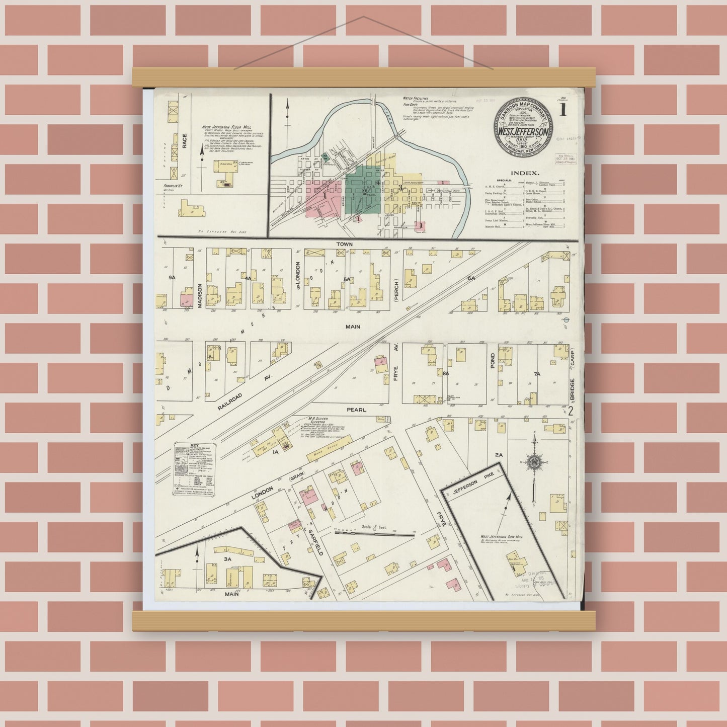 Old map wall art mockup — magnetic wood frame on brick wall — Sanborn Fire Insurance Map from West Jefferson, Madison County, Ohio (1910) - Complete Map Set