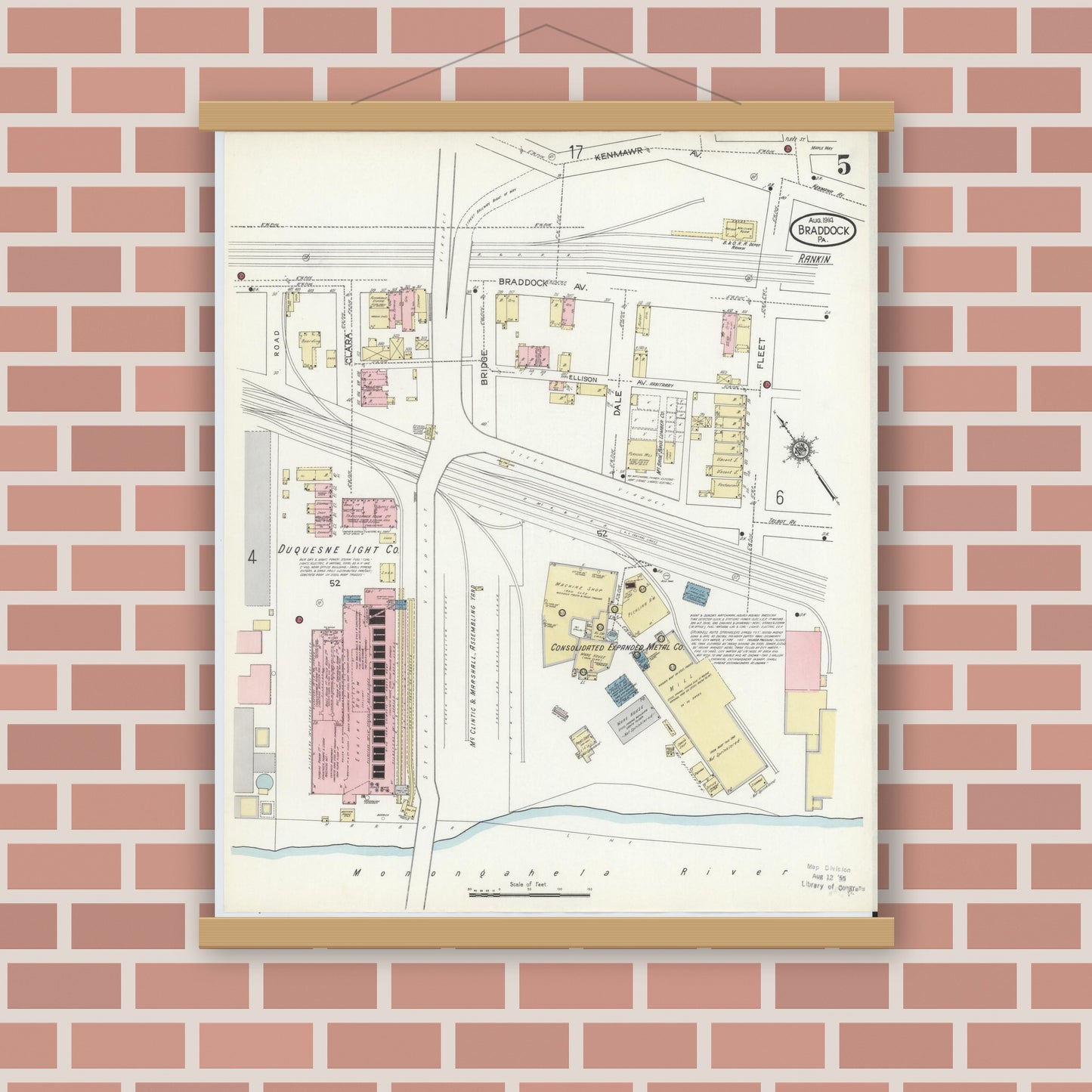 Old map wall art mockup — magnetic wood frame on brick wall — Sanborn Fire Insurance Map from Braddock, Allegheny County, Pennsylvania (1914), Sheet #0005