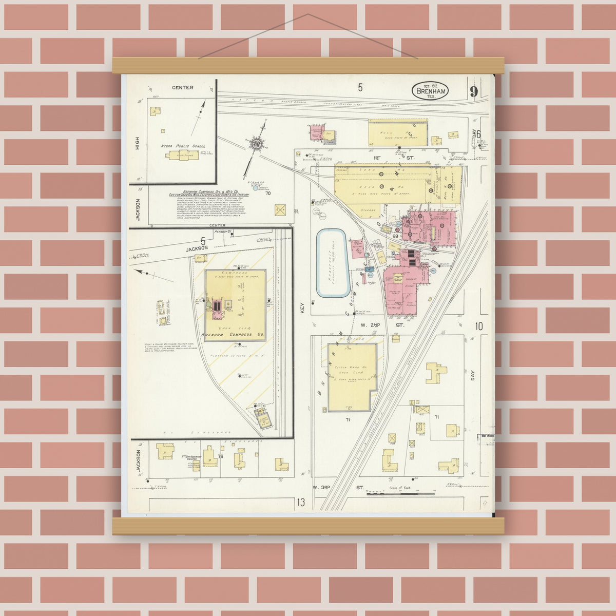 Old map wall art mockup — magnetic wood frame on brick wall — Sanborn Fire Insurance Map from Brenham, Washington County, Texas (1912), Sheet #0009