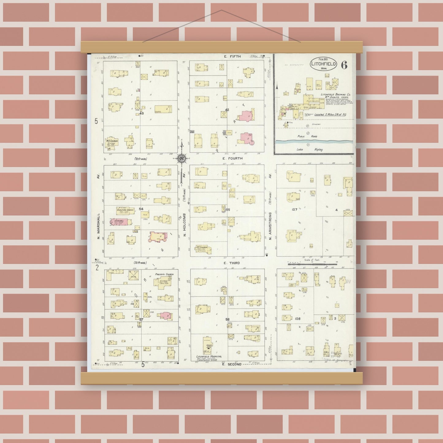 Old map wall art mockup — magnetic wood frame on brick wall — Sanborn Fire Insurance Map from Litchfield, Meeker County, Minnesota (1913), Sheet #0006