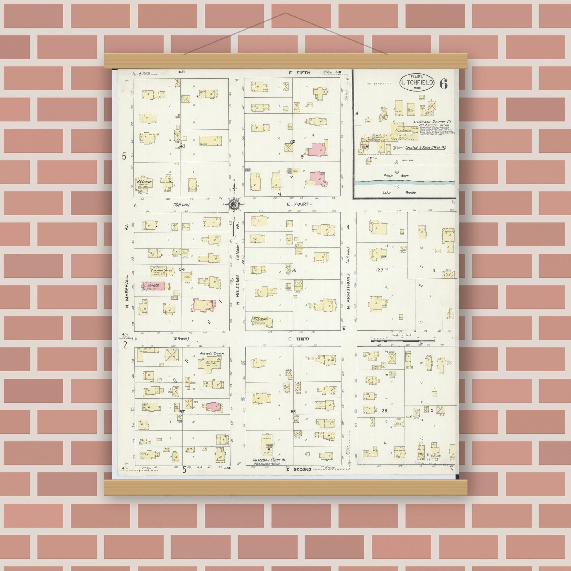 Old map wall art mockup — magnetic wood frame on brick wall — Sanborn Fire Insurance Map from Litchfield, Meeker County, Minnesota (1913), Sheet #0006