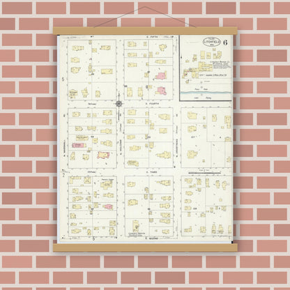 Old map wall art mockup — magnetic wood frame on brick wall — Sanborn Fire Insurance Map from Litchfield, Meeker County, Minnesota (1913), Sheet #0006
