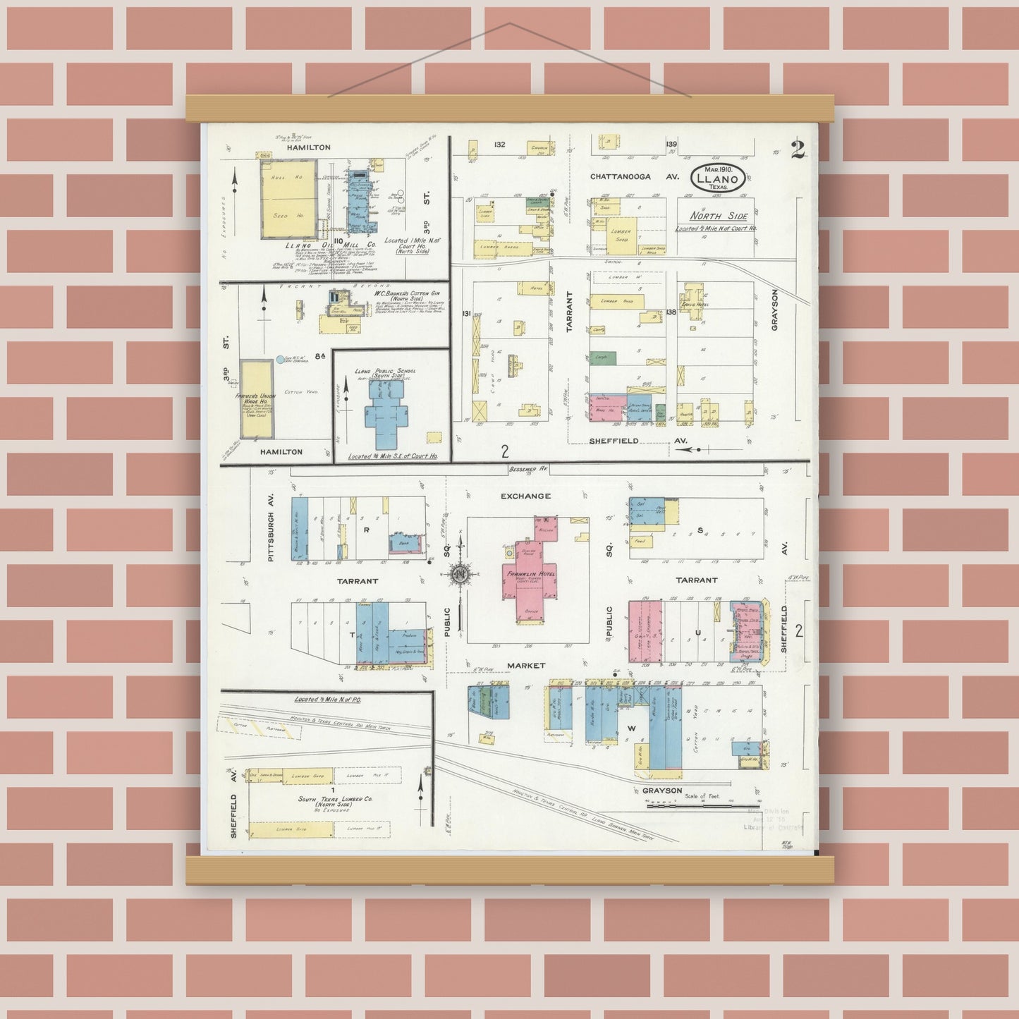 Old map wall art mockup — magnetic wood frame on brick wall — Sanborn Fire Insurance Map from Llano, Llano County, Texas (1910), Sheet #0002