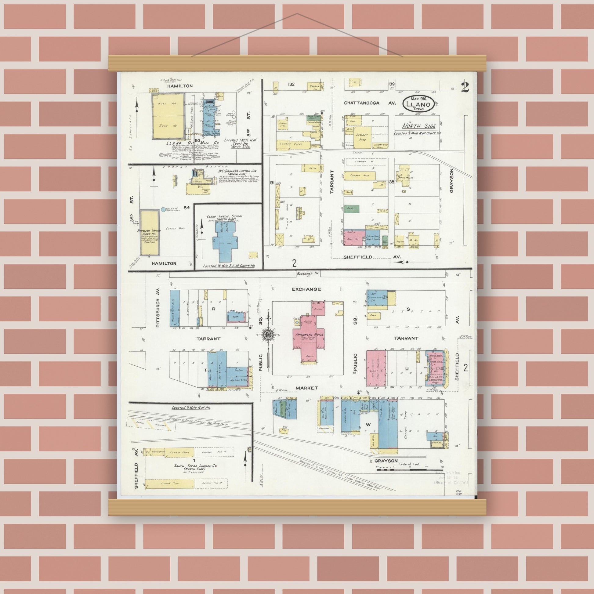 Old map wall art mockup — magnetic wood frame on brick wall — Sanborn Fire Insurance Map from Llano, Llano County, Texas (1910), Sheet #0002