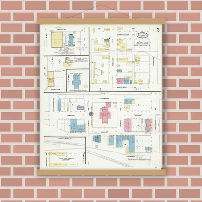 Old map wall art mockup — magnetic wood frame on brick wall — Sanborn Fire Insurance Map from Llano, Llano County, Texas (1910), Sheet #0002