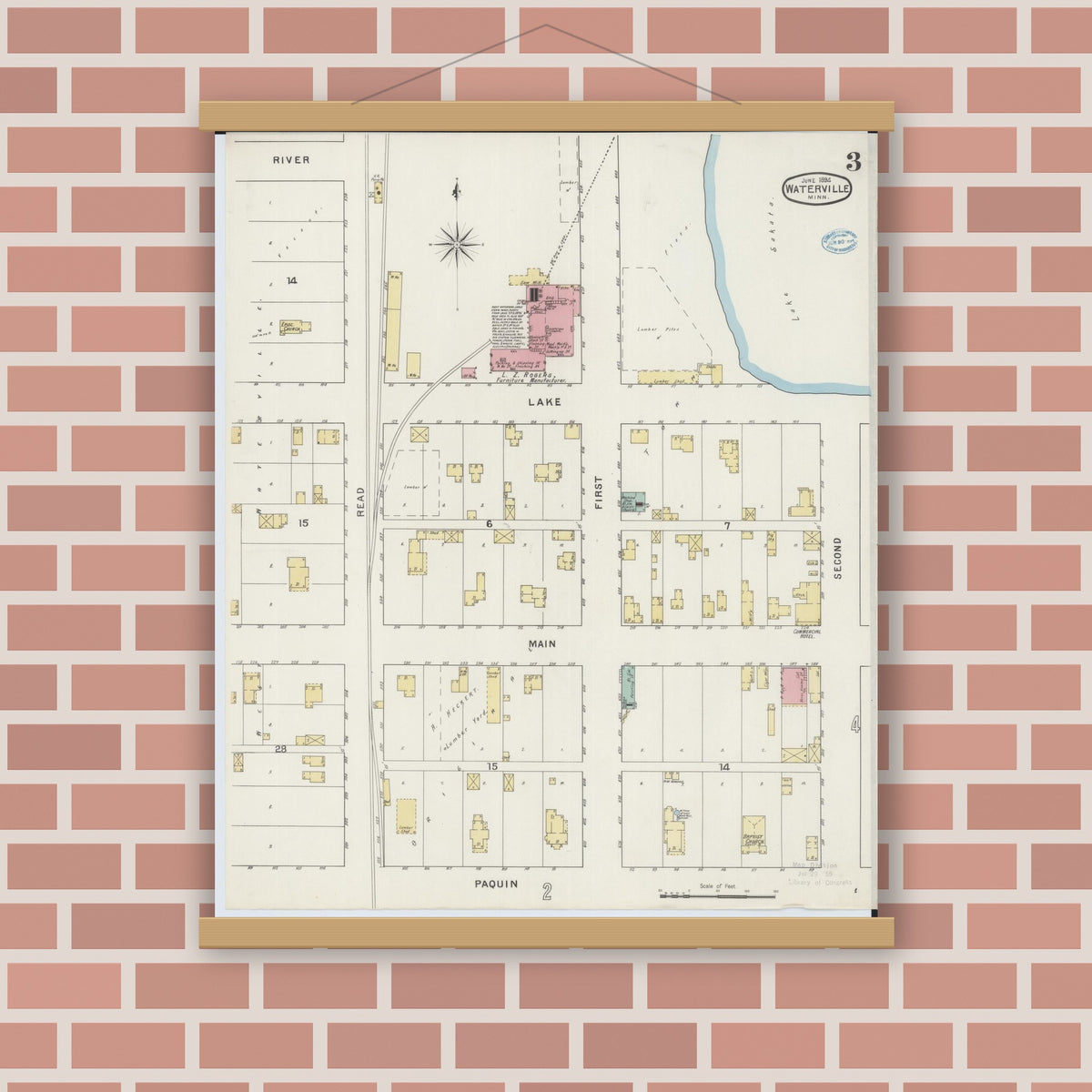 Old map wall art mockup — magnetic wood frame on brick wall — Sanborn Fire Insurance Map from Waterville, Le Sueur County, Minnesota (1894), Sheet #0003