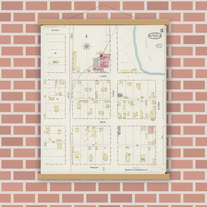 Old map wall art mockup — magnetic wood frame on brick wall — Sanborn Fire Insurance Map from Waterville, Le Sueur County, Minnesota (1894), Sheet #0003