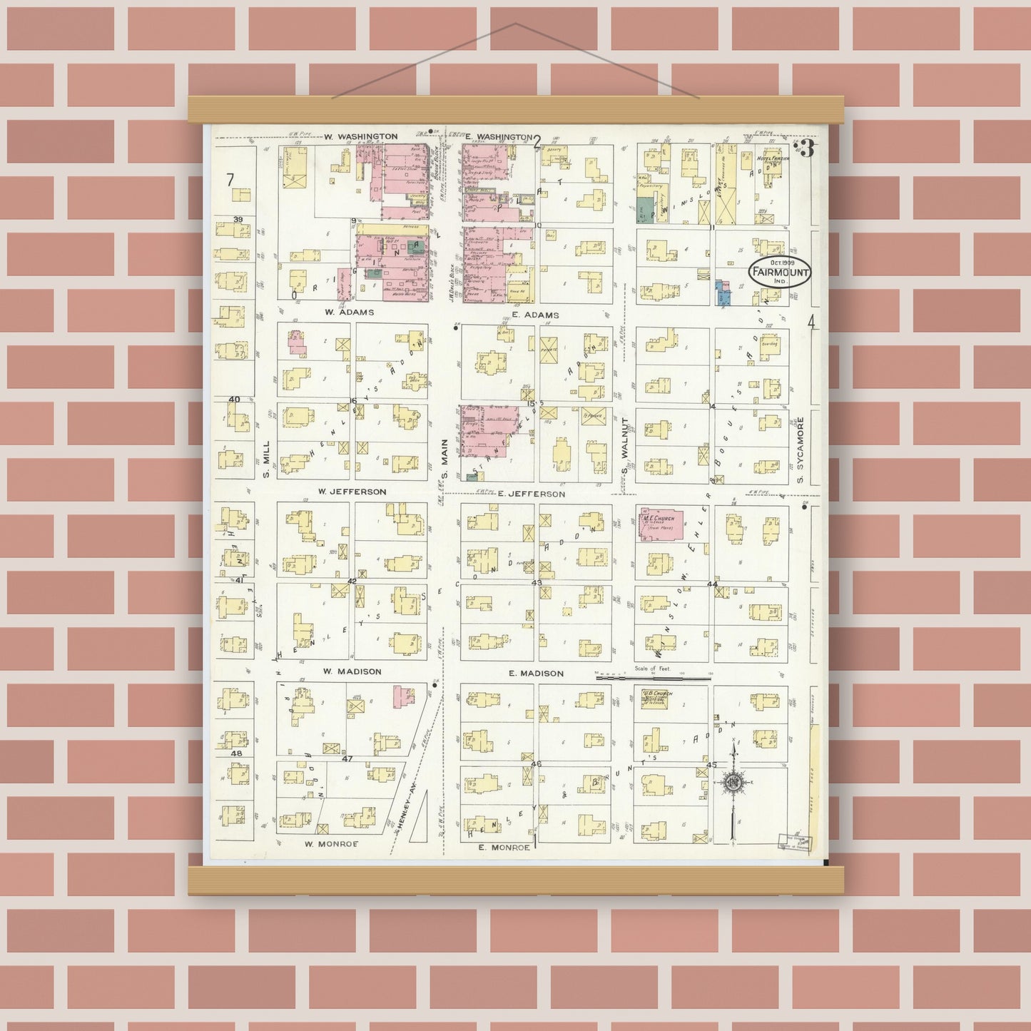 Old map wall art mockup — magnetic wood frame on brick wall — Sanborn Fire Insurance Map from Fairmount, Grant County, Indiana (1909), Sheet #0003