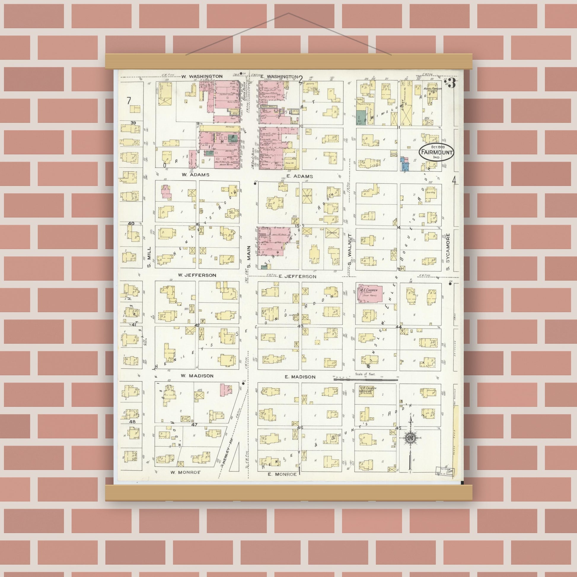Old map wall art mockup — magnetic wood frame on brick wall — Sanborn Fire Insurance Map from Fairmount, Grant County, Indiana (1909), Sheet #0003