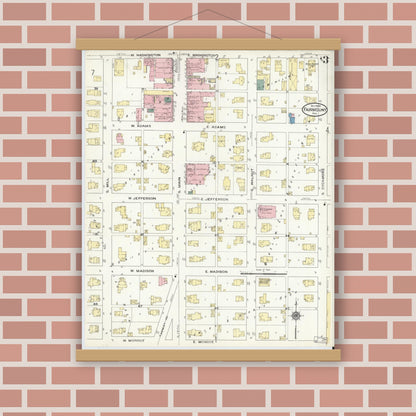 Old map wall art mockup — magnetic wood frame on brick wall — Sanborn Fire Insurance Map from Fairmount, Grant County, Indiana (1909), Sheet #0003