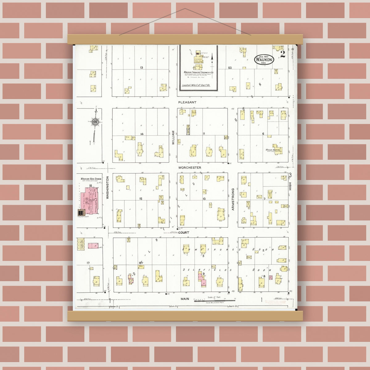 Old map wall art mockup — magnetic wood frame on brick wall — Sanborn Fire Insurance Map from Waukon, Allamakee County, Iowa (1920), Sheet #0002