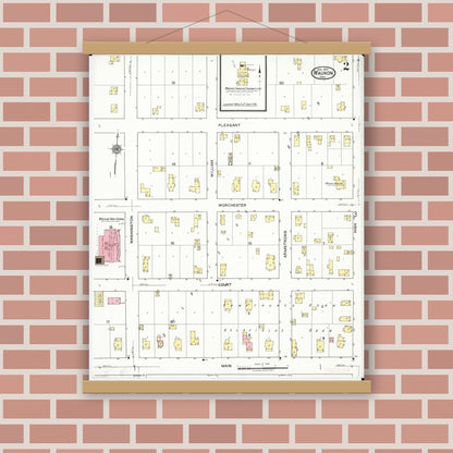 Old map wall art mockup — magnetic wood frame on brick wall — Sanborn Fire Insurance Map from Waukon, Allamakee County, Iowa (1920), Sheet #0002