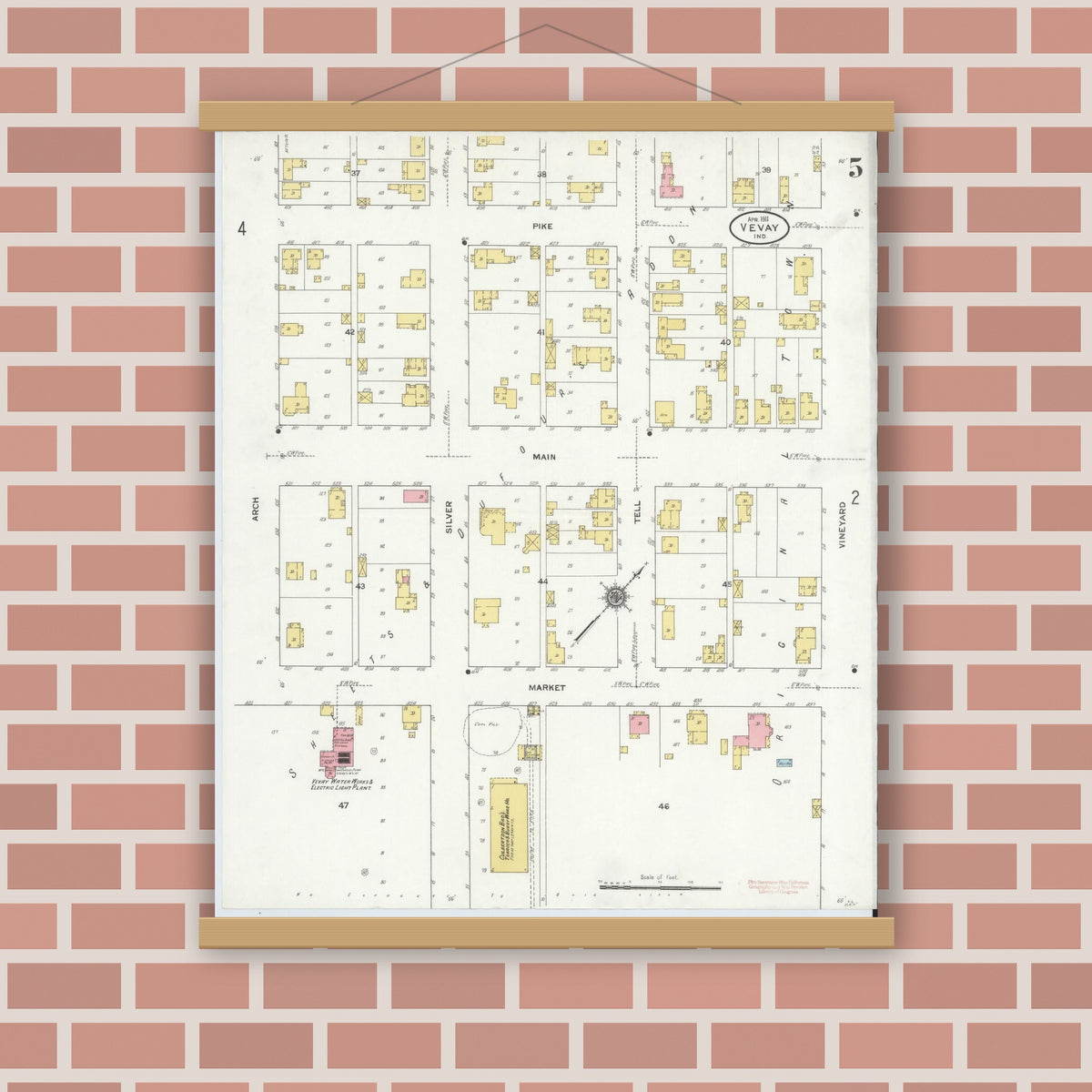 Old map wall art mockup — magnetic wood frame on brick wall — Sanborn Fire Insurance Map from Vevay, Switzerland County, Indiana (1911), Sheet #0005
