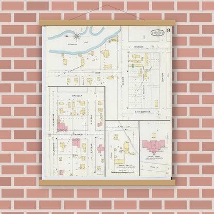 Old map wall art mockup — magnetic wood frame on brick wall — Sanborn Fire Insurance Map from Owosso, Shiawassee County, Michigan (1894), Sheet #0009