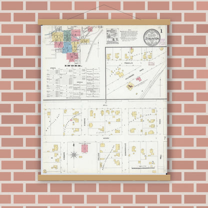 Old map wall art mockup — magnetic wood frame on brick wall — Sanborn Fire Insurance Map from Staunton, Macoupin County, Illinois (1906), Sheet #0001