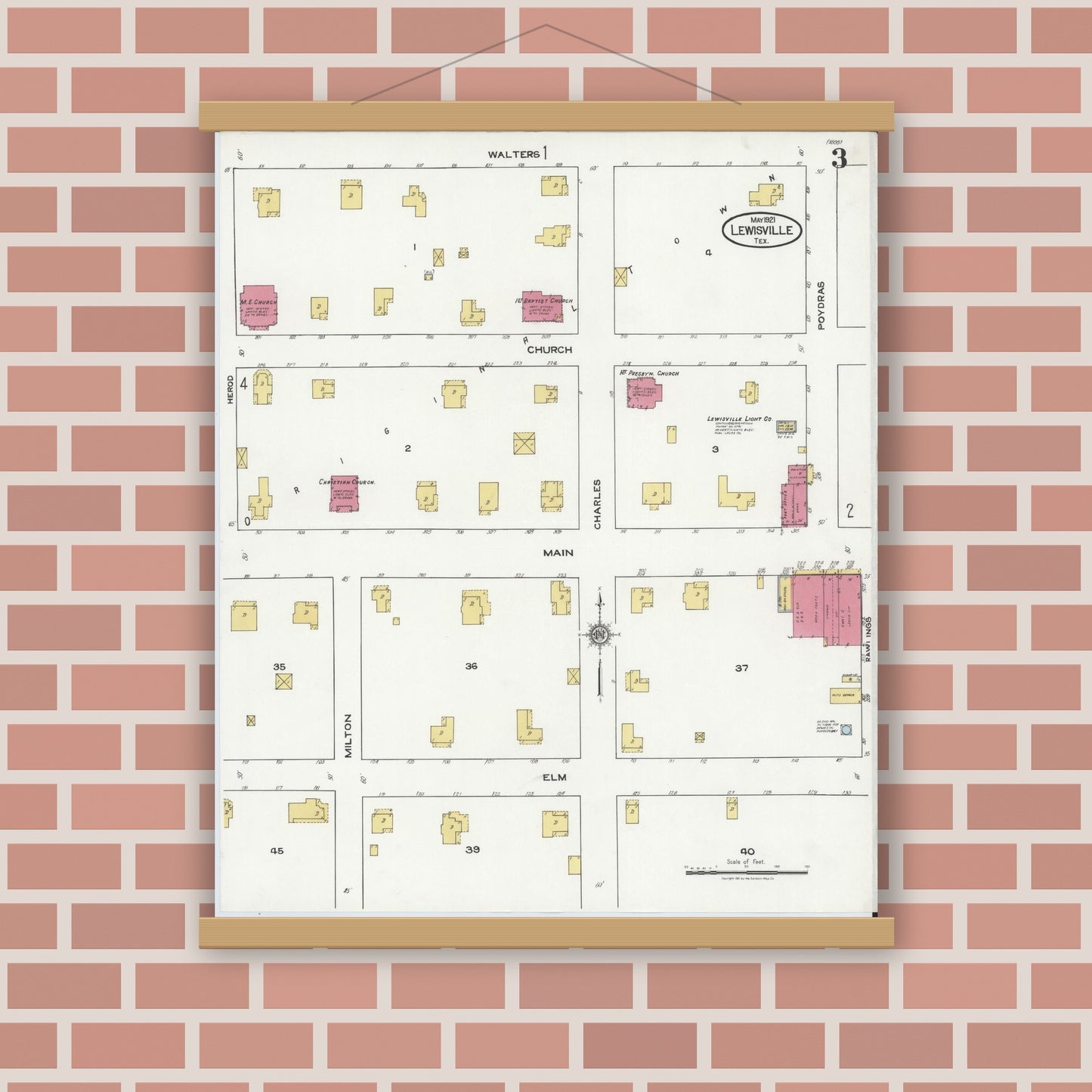 Old map wall art mockup — magnetic wood frame on brick wall — Sanborn Fire Insurance Map from Lewisville, Denton County, Texas (1921), Sheet #0003