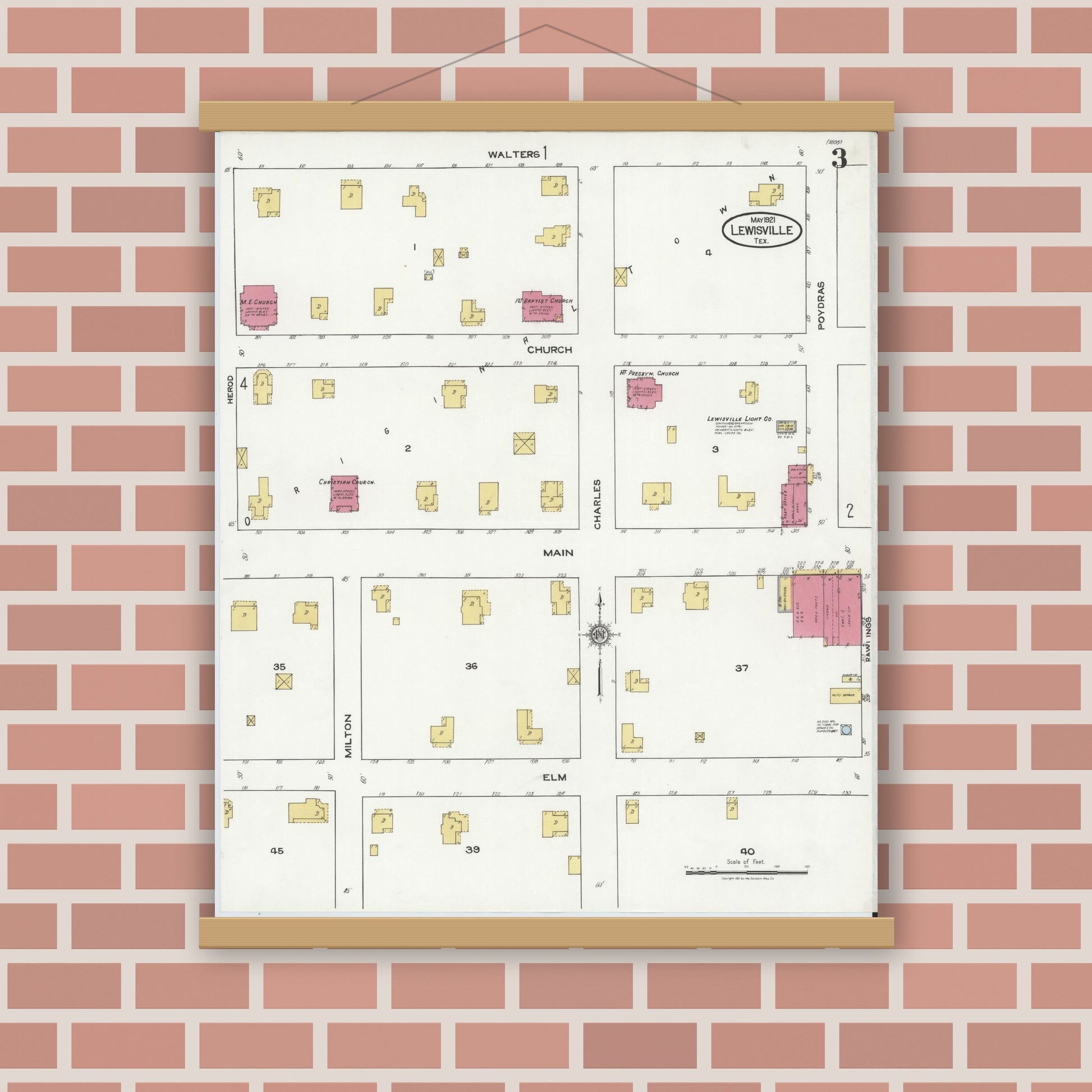 Old map wall art mockup — magnetic wood frame on brick wall — Sanborn Fire Insurance Map from Lewisville, Denton County, Texas (1921), Sheet #0003