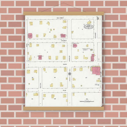 Old map wall art mockup — magnetic wood frame on brick wall — Sanborn Fire Insurance Map from Lewisville, Denton County, Texas (1921), Sheet #0003