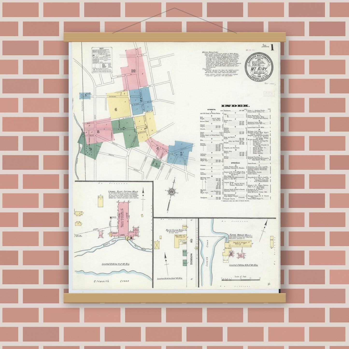 Old map wall art mockup — magnetic wood frame on brick wall — Sanborn Fire Insurance Map from Mount Airy, Surry County, North Carolina (1910) - Complete Map Set