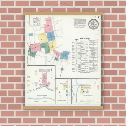 Old map wall art mockup — magnetic wood frame on brick wall — Sanborn Fire Insurance Map from Mount Airy, Surry County, North Carolina (1910) - Complete Map Set