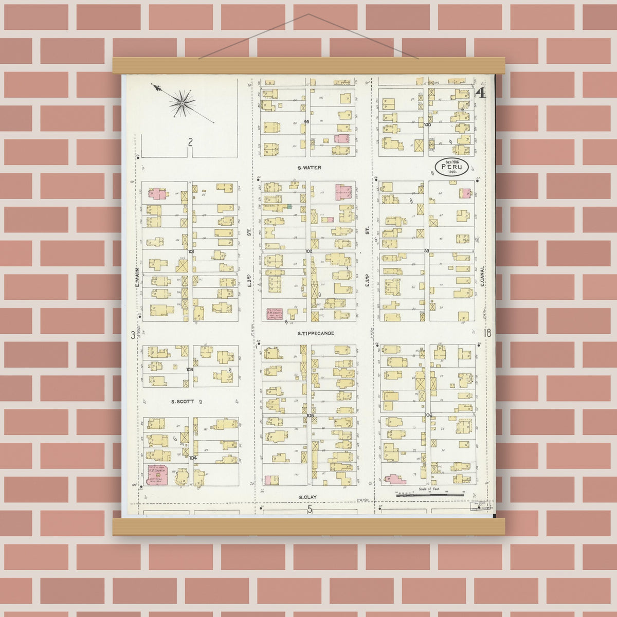 Old map wall art mockup — magnetic wood frame on brick wall — Sanborn Fire Insurance Map from Peru, Miami County, Indiana (1906), Sheet #0004