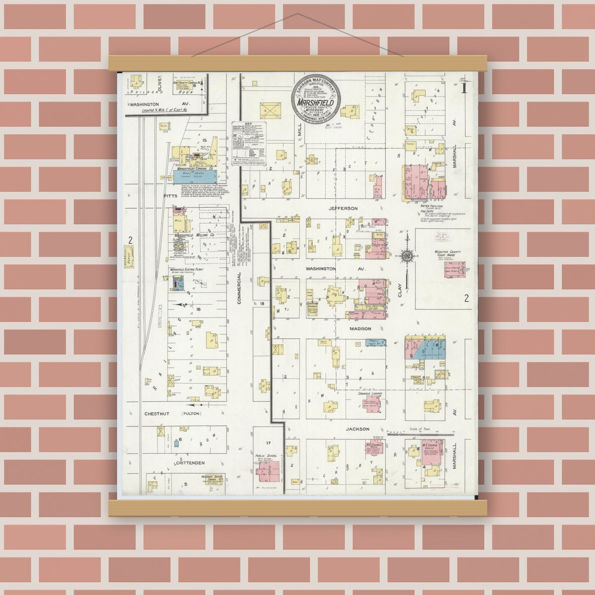 Old map wall art mockup — magnetic wood frame on brick wall — Sanborn Fire Insurance Map from Marshfield, Webster County, Missouri (1910) - Complete Map Set
