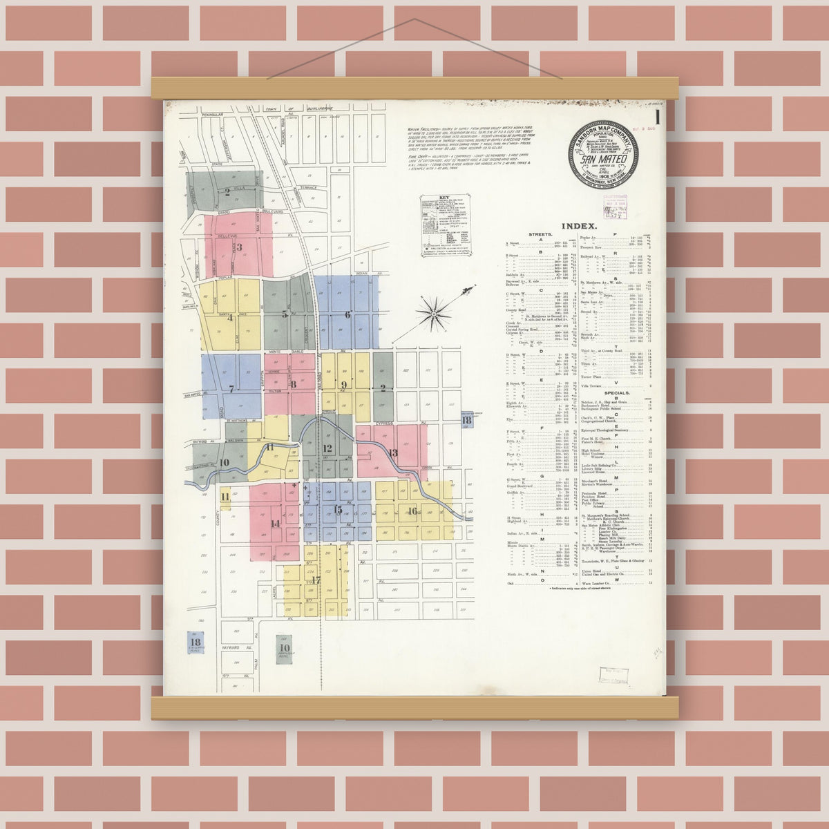 Old map wall art mockup — magnetic wood frame on brick wall — Sanborn Fire Insurance Map from San Mateo, San Mateo County, California (1908) - Complete Map Set