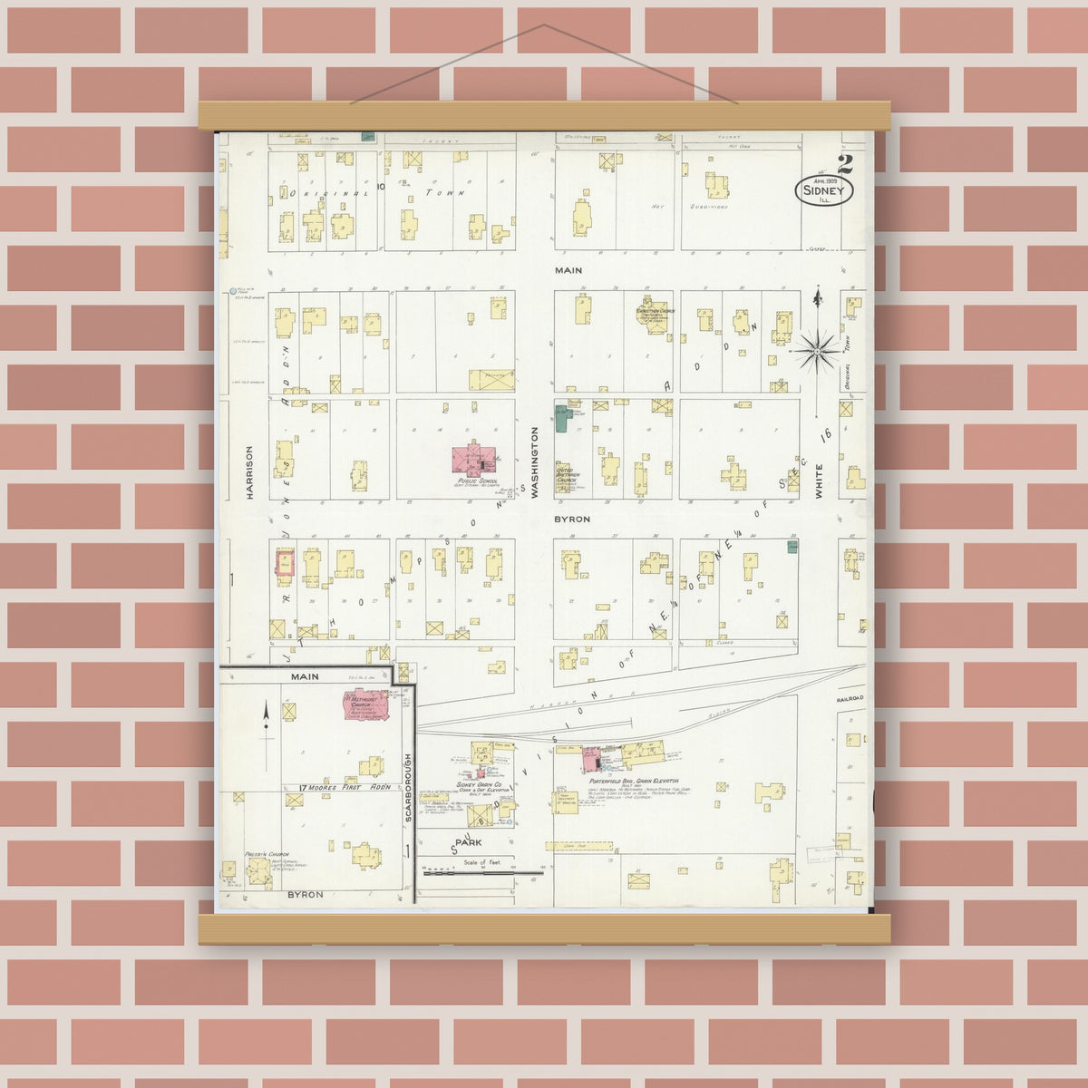 Old map wall art mockup — magnetic wood frame on brick wall — Sanborn Fire Insurance Map from Sidney, Champaign County, Illinois (1909), Sheet #0002