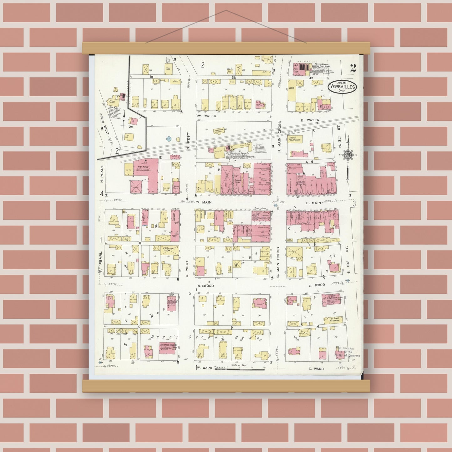 Old map wall art mockup — magnetic wood frame on brick wall — Sanborn Fire Insurance Map from Versailles, Darke County, Ohio (1911), Sheet #0002