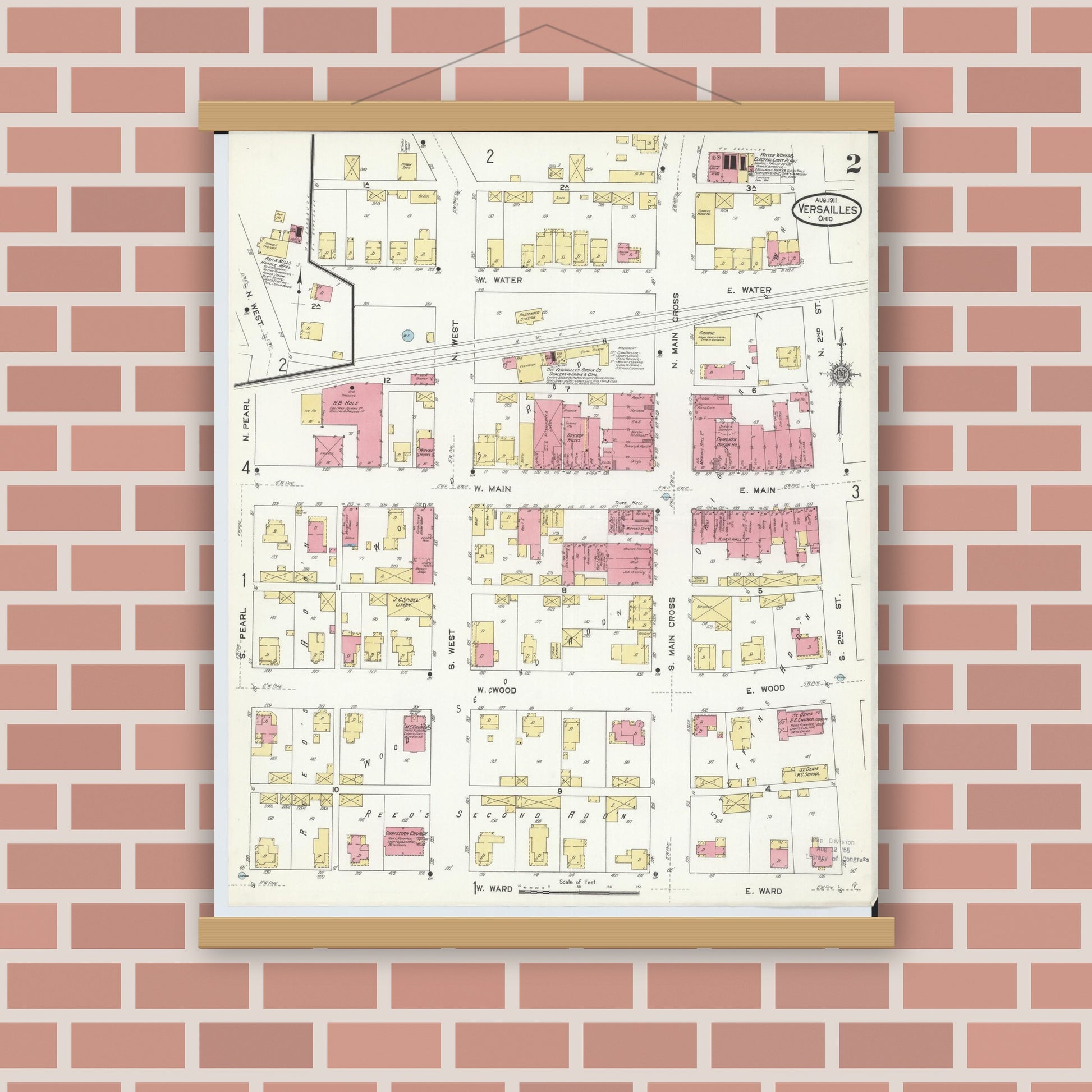 Old map wall art mockup — magnetic wood frame on brick wall — Sanborn Fire Insurance Map from Versailles, Darke County, Ohio (1911), Sheet #0002