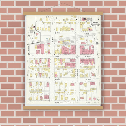 Old map wall art mockup — magnetic wood frame on brick wall — Sanborn Fire Insurance Map from Versailles, Darke County, Ohio (1911), Sheet #0002
