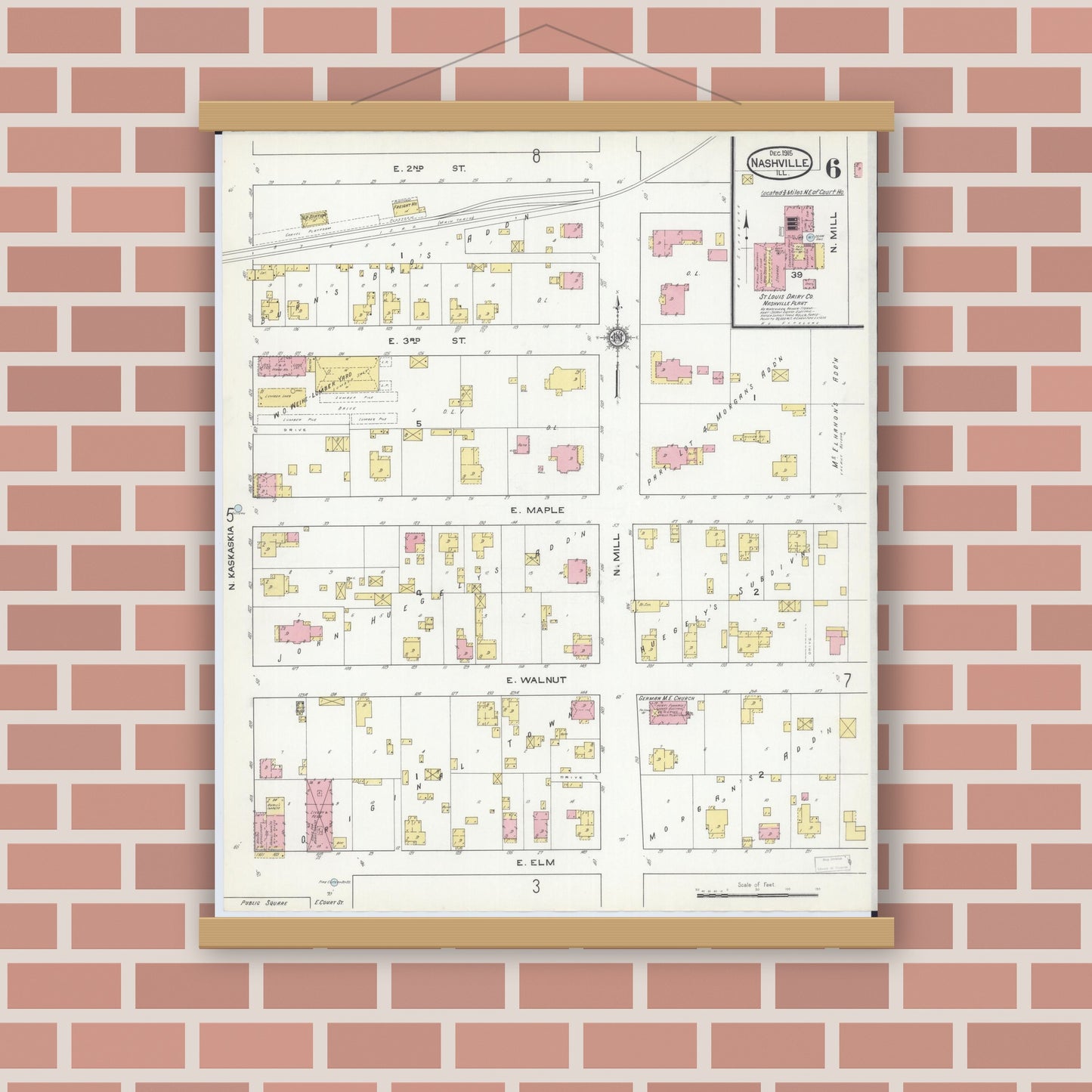 Old map wall art mockup — magnetic wood frame on brick wall — Sanborn Fire Insurance Map from Nashville, Washington County, Illinois (1915), Sheet #0006
