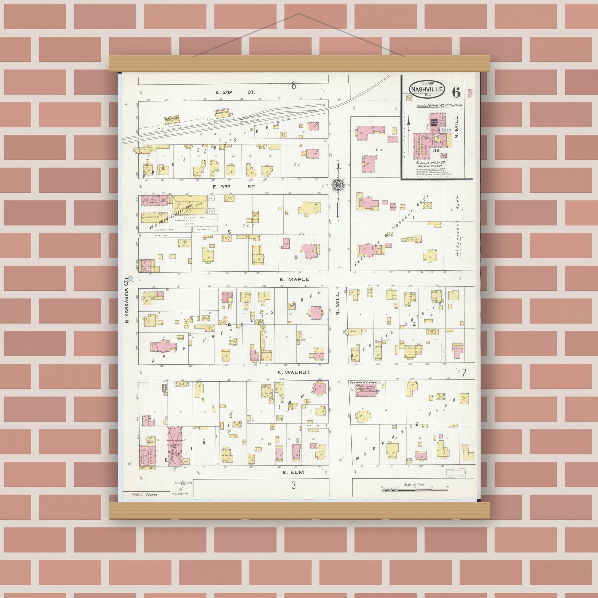 Old map wall art mockup — magnetic wood frame on brick wall — Sanborn Fire Insurance Map from Nashville, Washington County, Illinois (1915), Sheet #0006