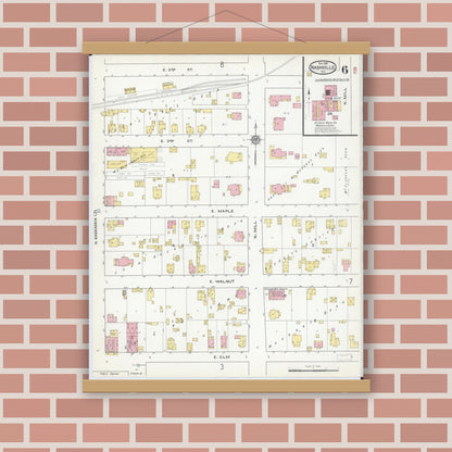 Old map wall art mockup — magnetic wood frame on brick wall — Sanborn Fire Insurance Map from Nashville, Washington County, Illinois (1915), Sheet #0006