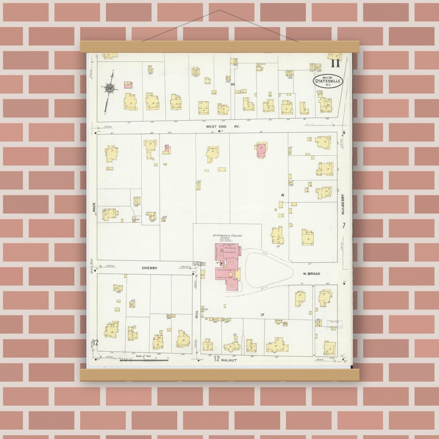 Old map wall art mockup — magnetic wood frame on brick wall — Sanborn Fire Insurance Map from Statesville, Iredell County, North Carolina (1911), Sheet #0011