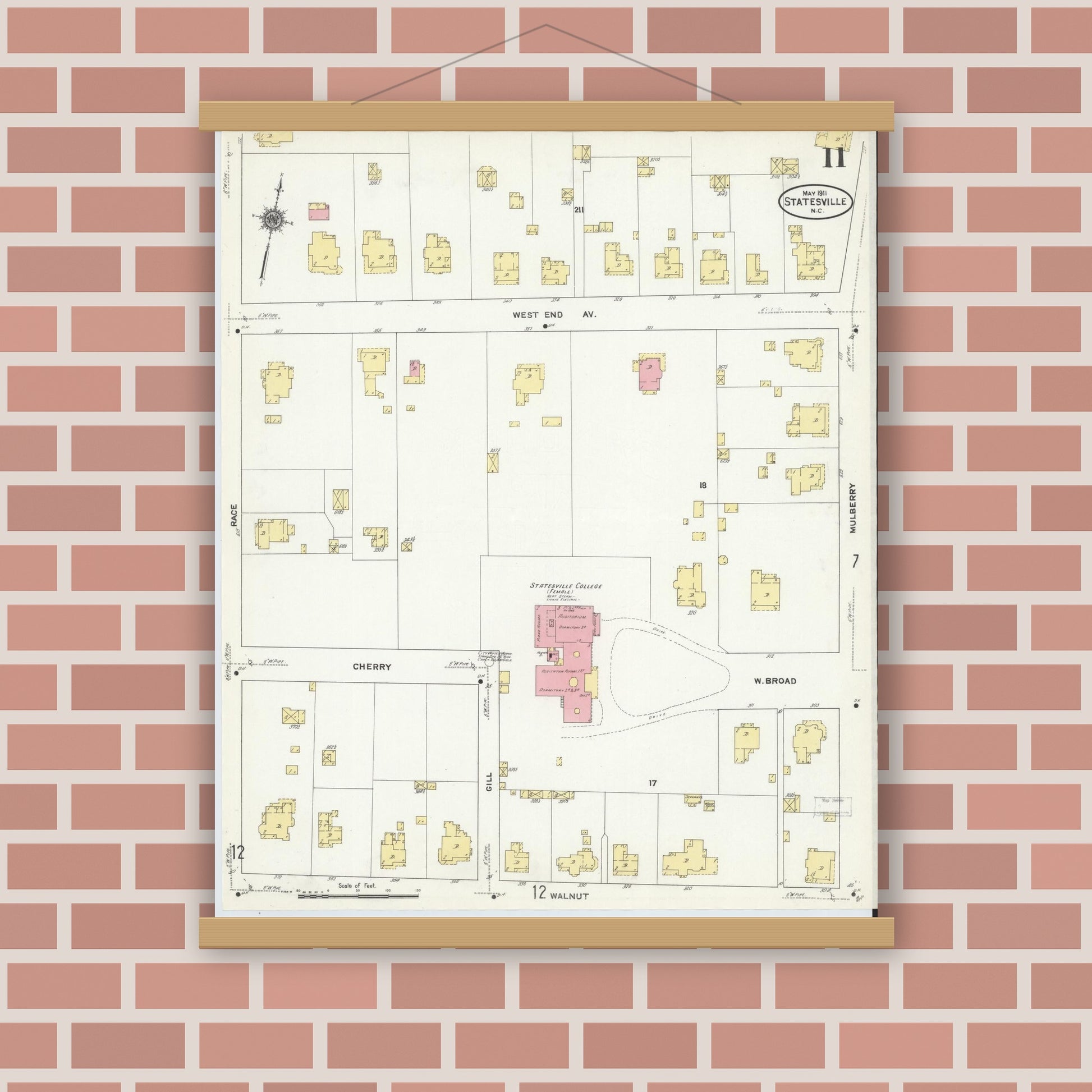 Old map wall art mockup — magnetic wood frame on brick wall — Sanborn Fire Insurance Map from Statesville, Iredell County, North Carolina (1911), Sheet #0011
