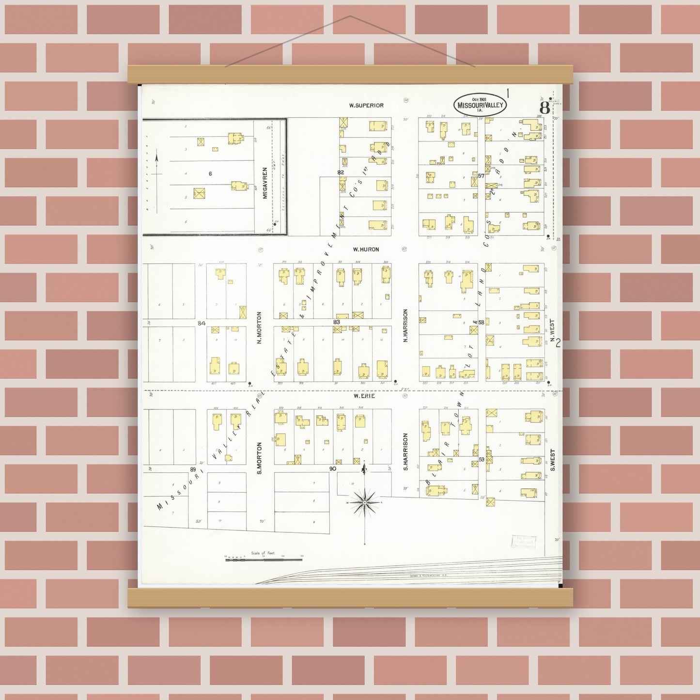 Old map wall art mockup — magnetic wood frame on brick wall — Sanborn Fire Insurance Map from Missouri Valley, Harrison County, Iowa (1901), Sheet #0008