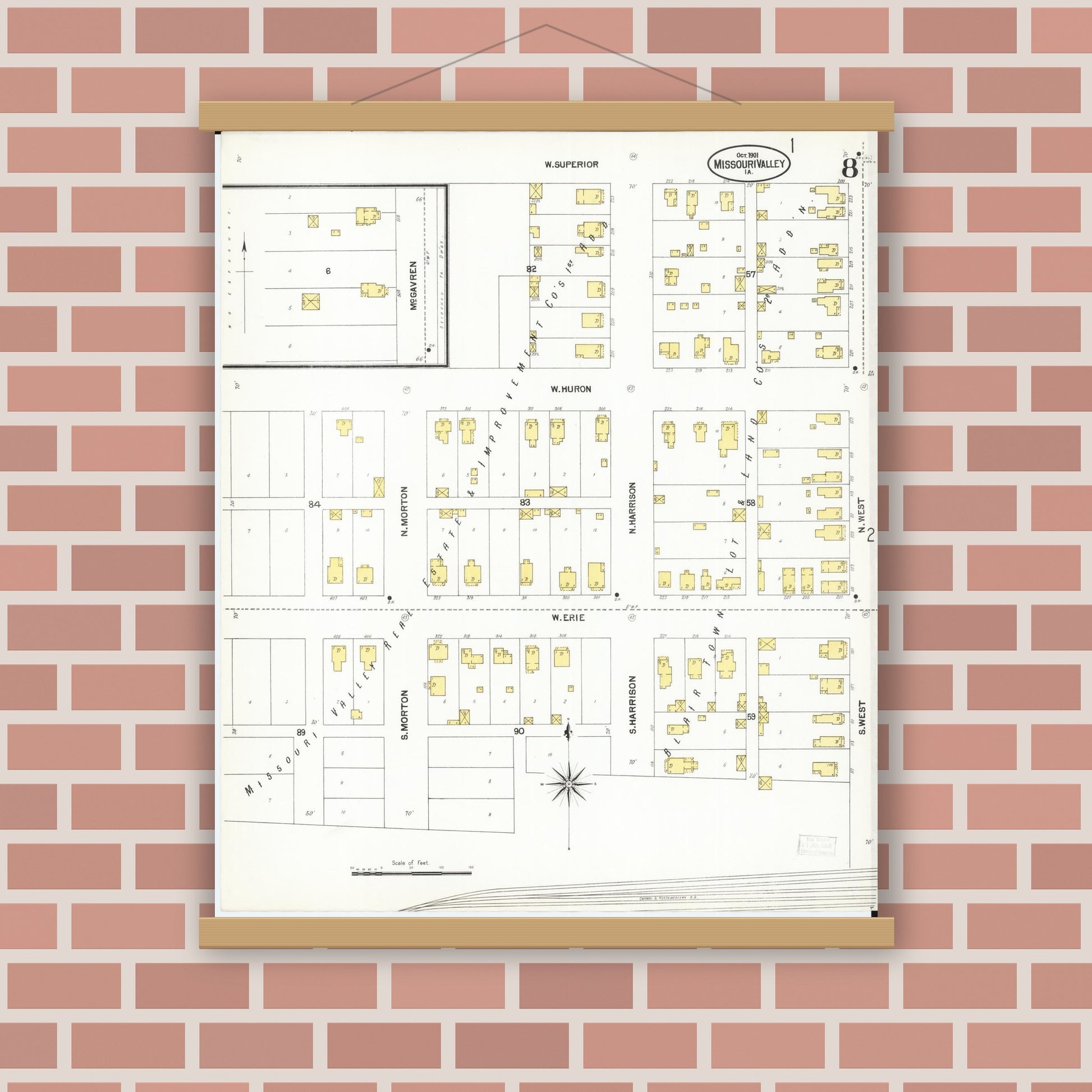 Old map wall art mockup — magnetic wood frame on brick wall — Sanborn Fire Insurance Map from Missouri Valley, Harrison County, Iowa (1901), Sheet #0008