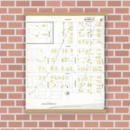 Old map wall art mockup — magnetic wood frame on brick wall — Sanborn Fire Insurance Map from Missouri Valley, Harrison County, Iowa (1901), Sheet #0008