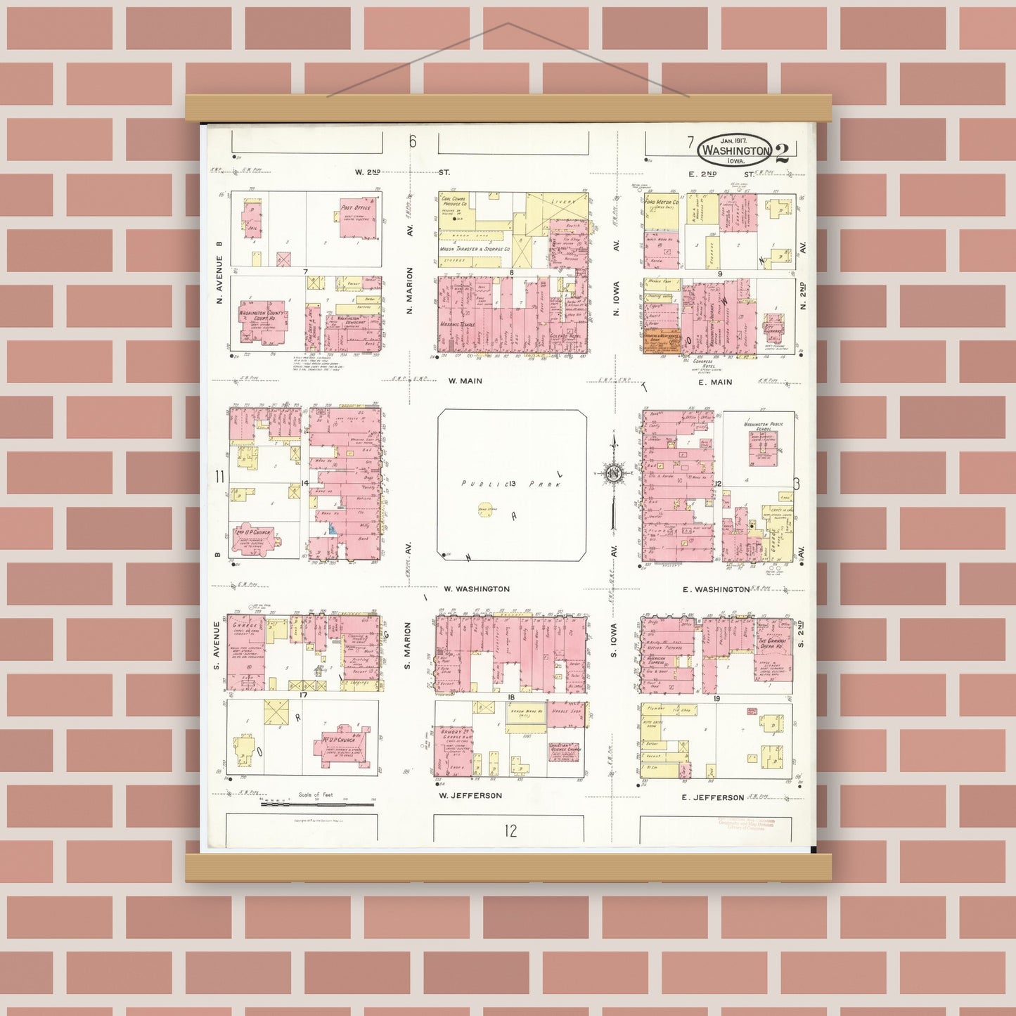 Old map wall art mockup — magnetic wood frame on brick wall — Sanborn Fire Insurance Map from Washington, Washington County, Iowa (1917), Sheet #0002
